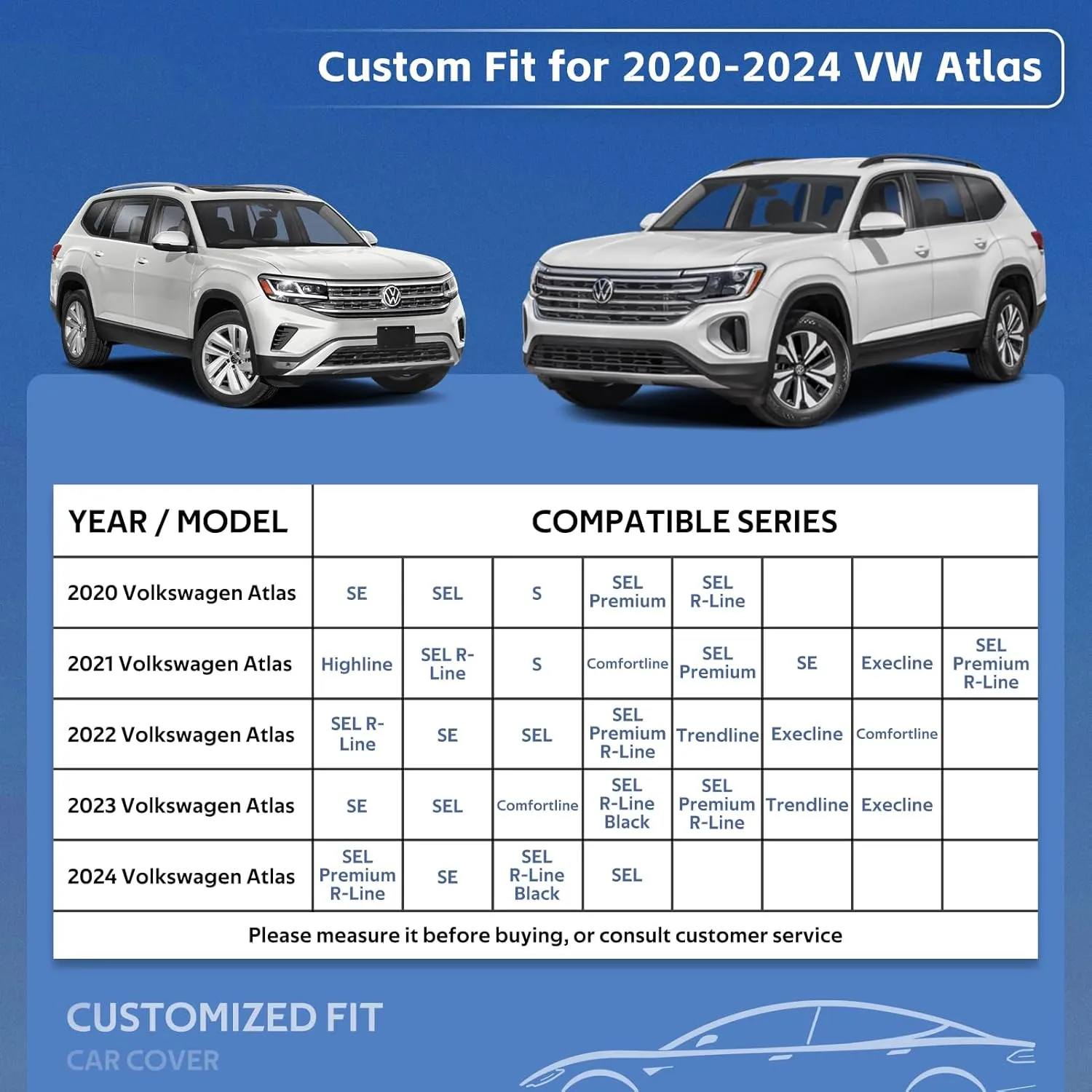 10 Layers SUV Car Cover Custom Fit for Volkswagen VW Atlas (2017-2024) Waterproof All Weather for Automobiles, Outdoor Full Cover Rain Sun UV Protection.Silver