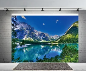 10x8ft Green Natural Mountain Lake Backdrop Green Mountains Clear Lake Trees Nature Scenery Blue Sky Travel Portraits Children Photography Backdrop Photo Props Pretty Nature Scenery Background
