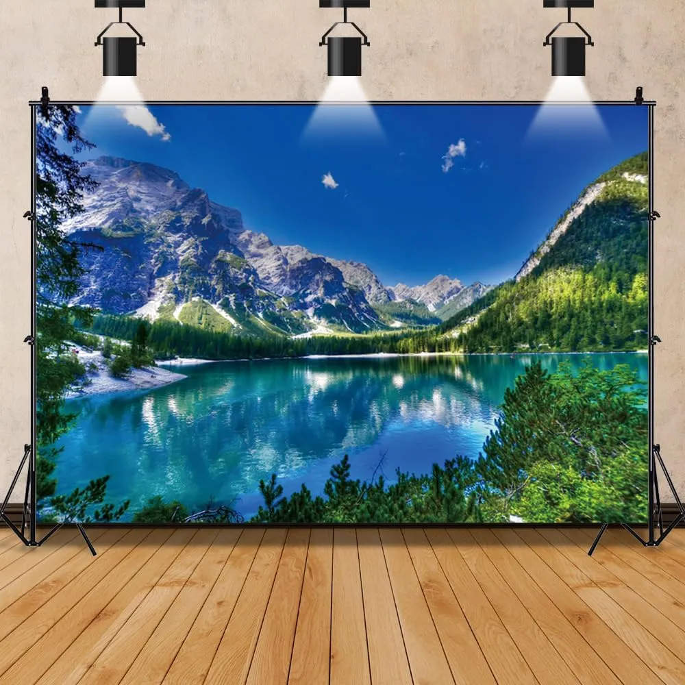 10x8ft Green Natural Mountain Lake Backdrop Green Mountains Clear Lake Trees Nature Scenery Blue Sky Travel Portraits Children Photography Backdrop Photo Props Pretty Nature Scenery Background