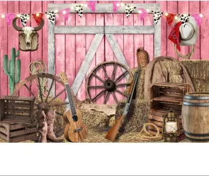 10x8ft Pink Western Cowgirl Backdrop for Photoshoot Pink Wooden Barn Haystacks Background for Photography Western Rustic Girl Kid Birthday Party Banner Wall Decor Portrait Studio Props