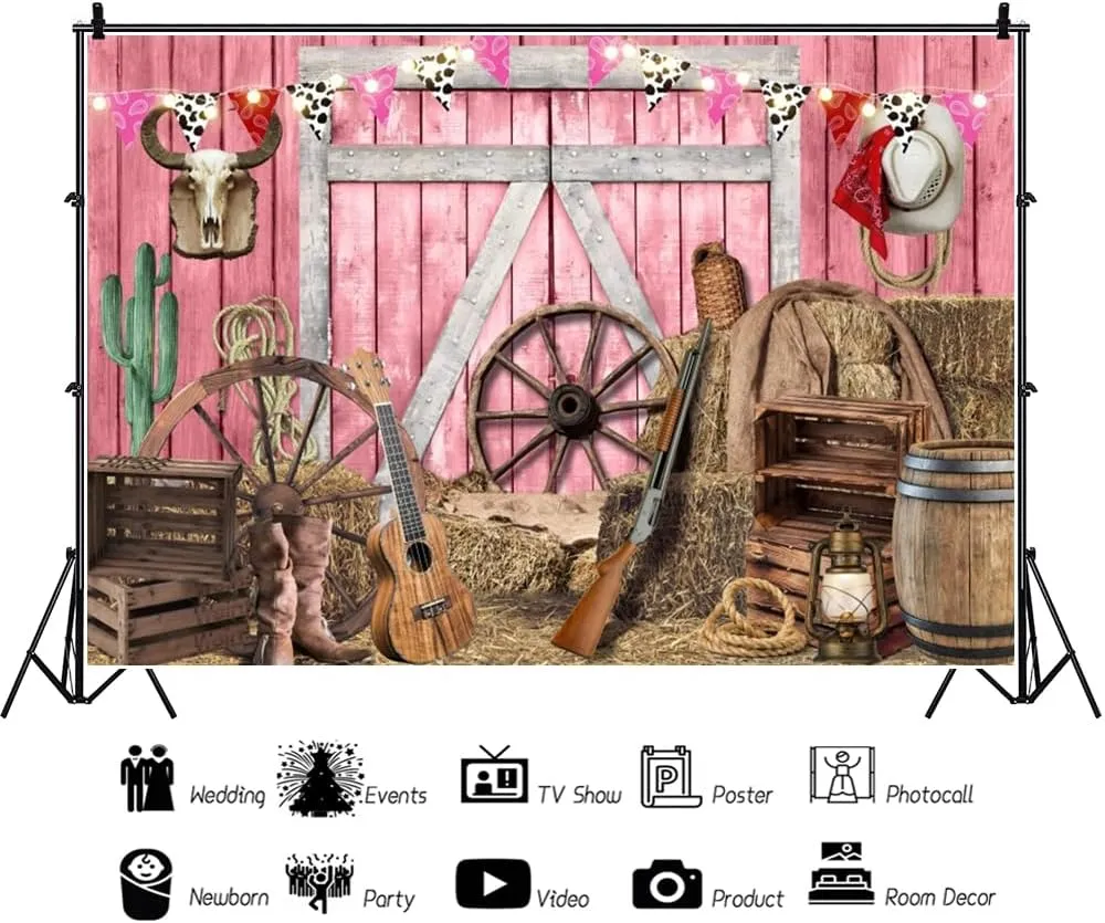 10x8ft Pink Western Cowgirl Backdrop for Photoshoot Pink Wooden Barn Haystacks Background for Photography Western Rustic Girl Kid Birthday Party Banner Wall Decor Portrait Studio Props