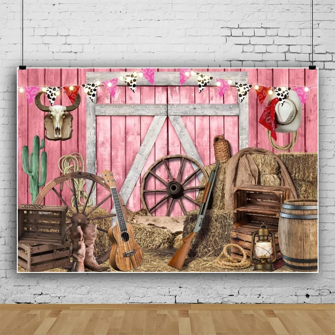 10x8ft Pink Western Cowgirl Backdrop for Photoshoot Pink Wooden Barn Haystacks Background for Photography Western Rustic Girl Kid Birthday Party Banner Wall Decor Portrait Studio Props