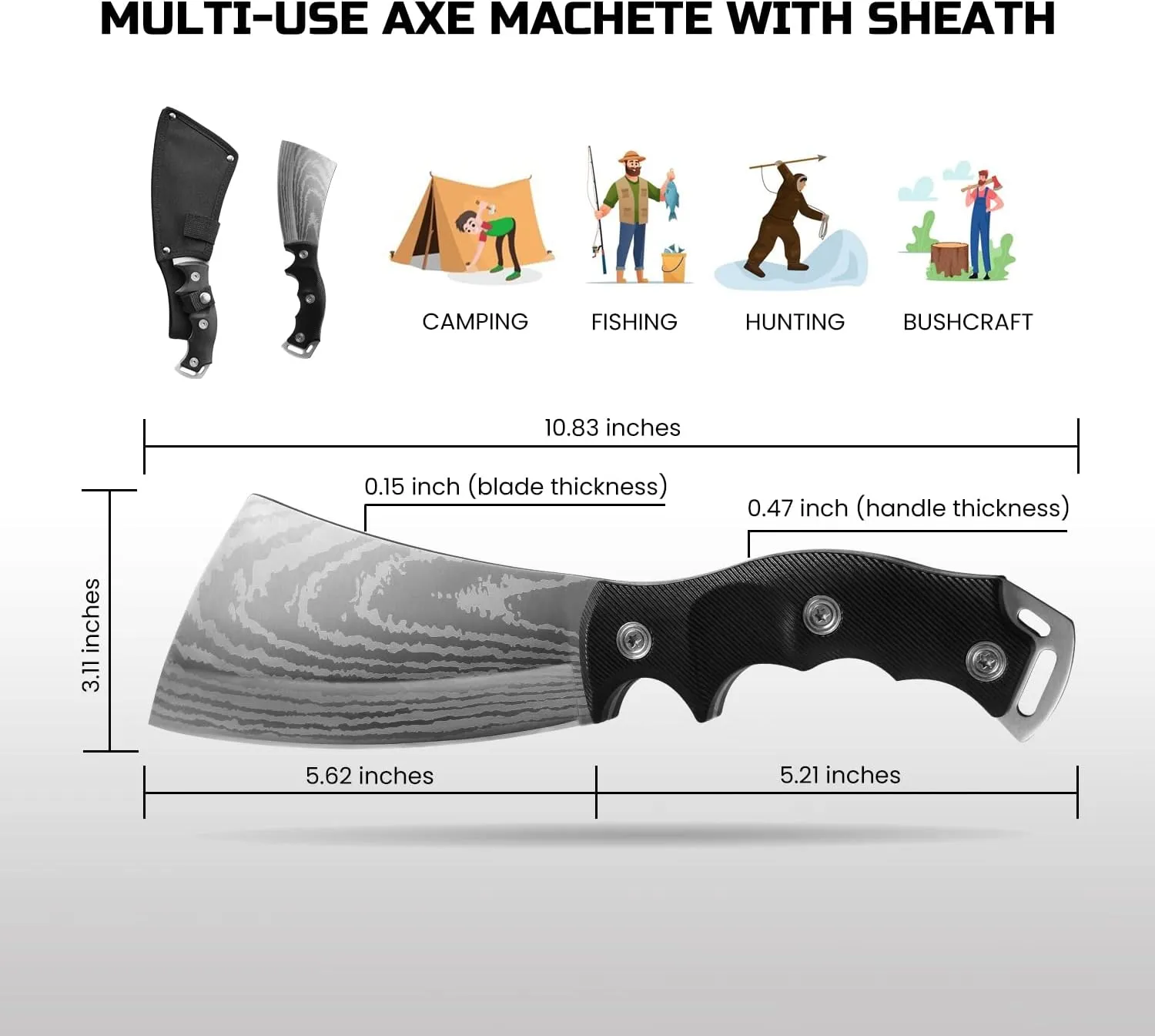 11 Inch Hatchet with Sheath, Small Compact Machete Axes, Fixed Blade Full Tang Camping Tactical Knife for Woodworking, Garden Machete Axe with Sheath for Bushcraft Yards Bushes Wood, A4SL
