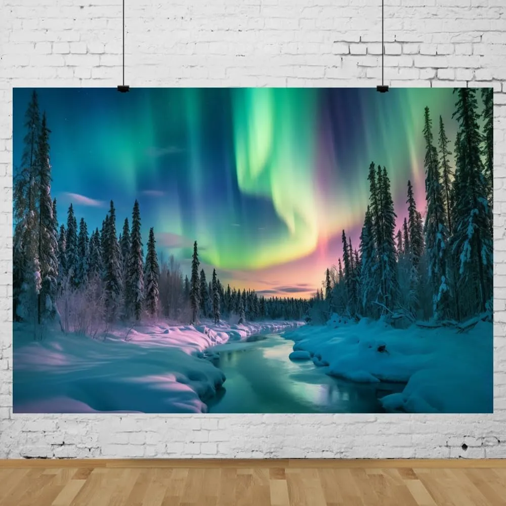 12x8ft Aurora Borealis Backdrop Snowy Mountain Forest Pine Trees Polar Lights Lake Photography Background Night Sky Norway Scenery Birthday Travel Party Decoration Home Decor Photo Props