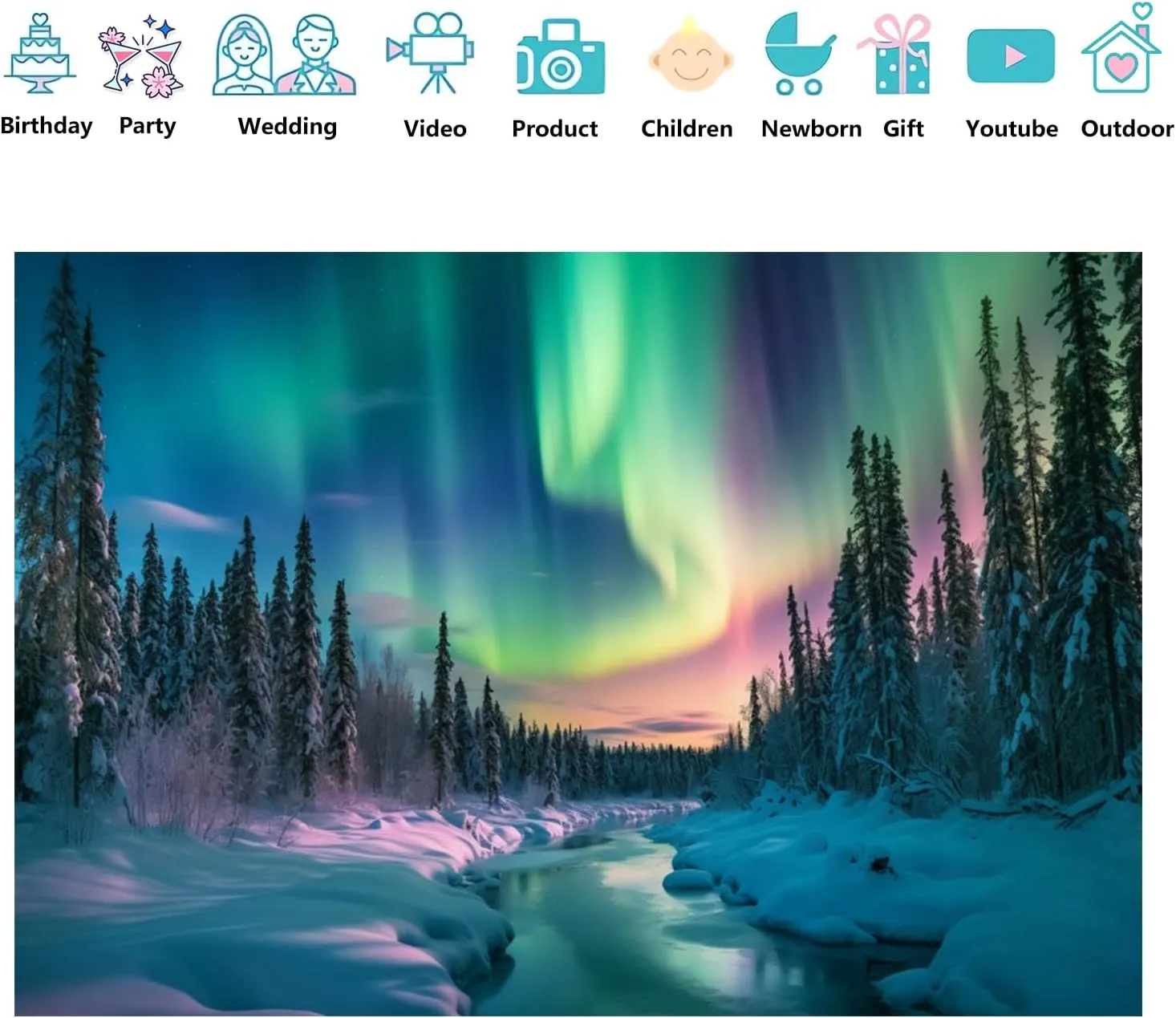 12x8ft Aurora Borealis Backdrop Snowy Mountain Forest Pine Trees Polar Lights Lake Photography Background Night Sky Norway Scenery Birthday Travel Party Decoration Home Decor Photo Props