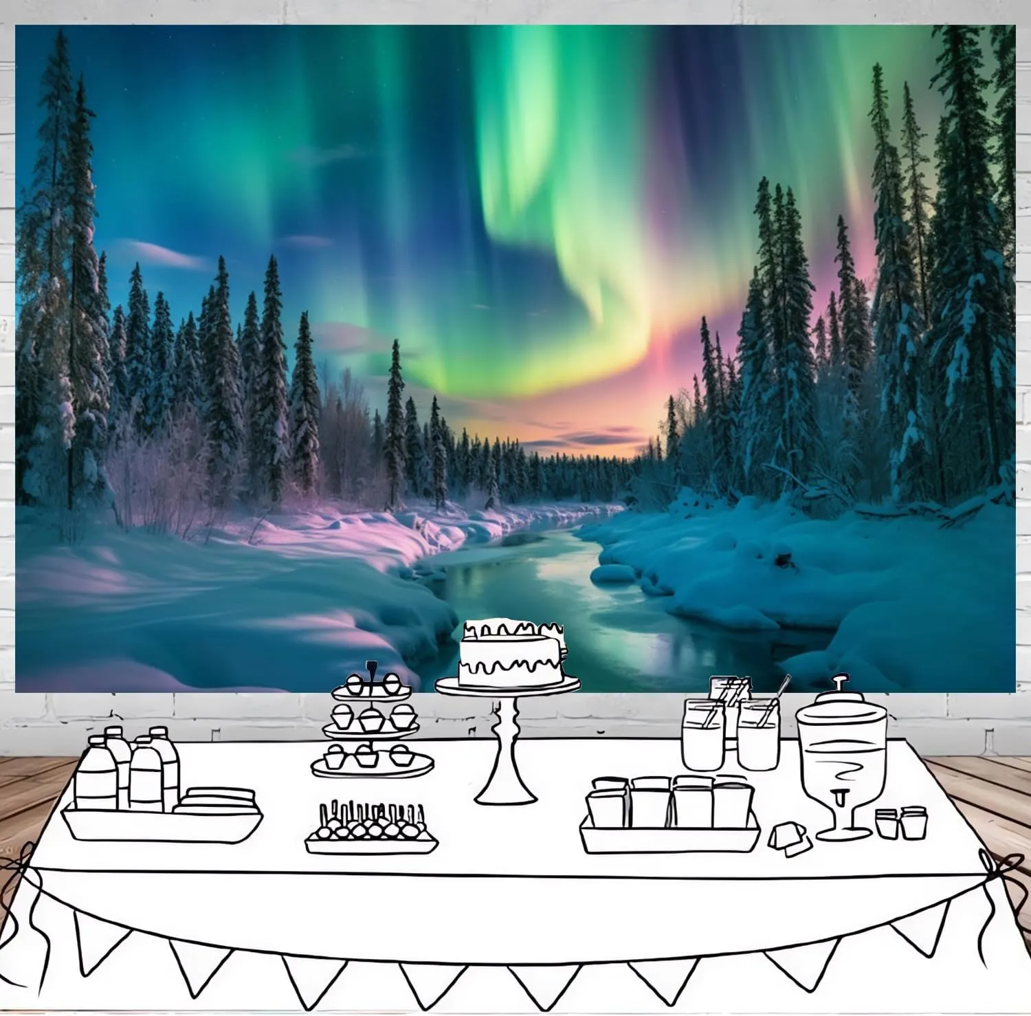 12x8ft Aurora Borealis Backdrop Snowy Mountain Forest Pine Trees Polar Lights Lake Photography Background Night Sky Norway Scenery Birthday Travel Party Decoration Home Decor Photo Props