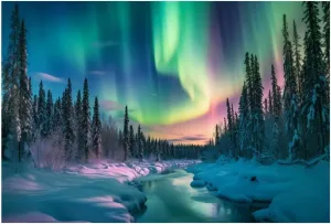 12x8ft Aurora Borealis Backdrop Snowy Mountain Forest Pine Trees Polar Lights Lake Photography Background Night Sky Norway Scenery Birthday Travel Party Decoration Home Decor Photo Props