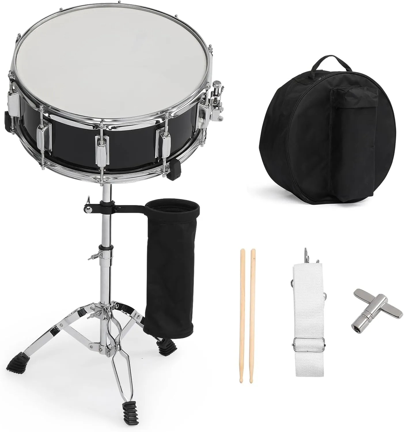 14 x 5.5in Snare Drum Set for Beginners – Student Practice Drum with Drumsticks, Bag, Strap, Mute Pad & Holder – Black Snare for Drum Set or Solo Use