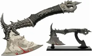 14.5" Underworld Dragon Camping Edc Fantasy Decorative Hatchet Knife Etched Stainless Steel Blade Abs Dragon Shaped Handle Decorative Guard And Pommel With Wooden Stand