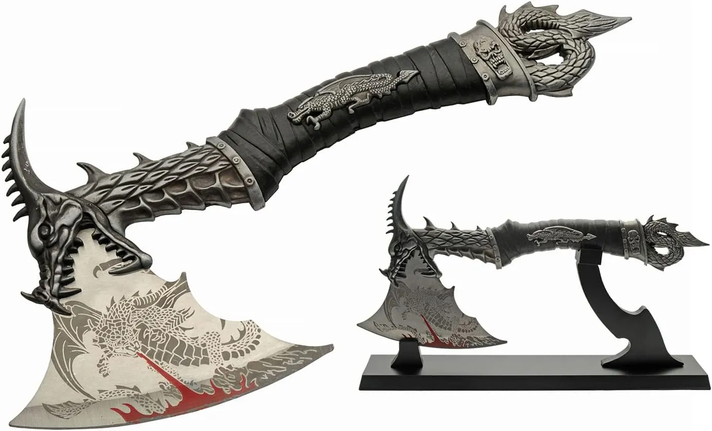 14.5" Underworld Dragon Camping Edc Fantasy Decorative Hatchet Knife Etched Stainless Steel Blade Abs Dragon Shaped Handle Decorative Guard And Pommel With Wooden Stand