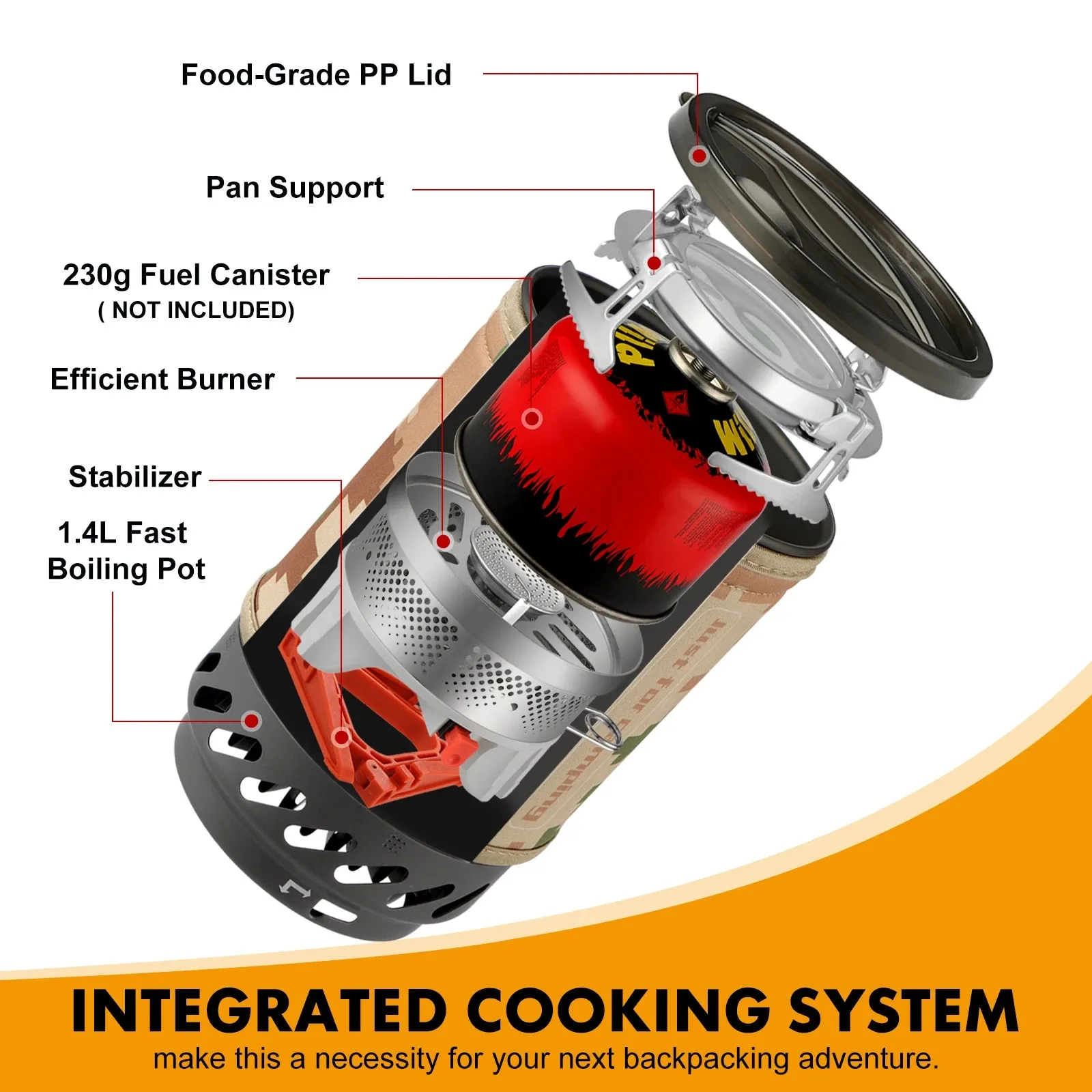 1.4L Backpacking Stove Camping Propane Cooking Gear - Portable Camp Burner System with Tripod and Pot Support