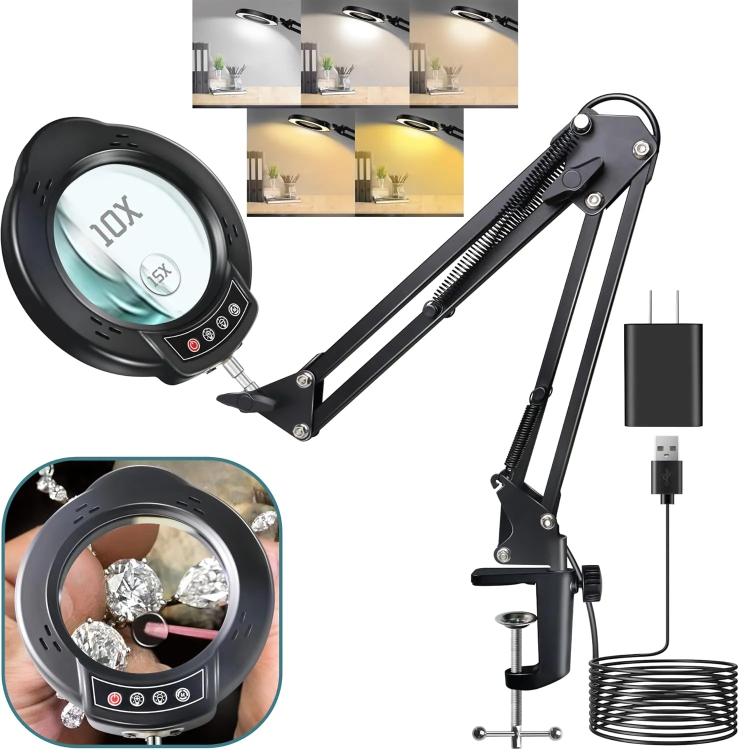 15X&10X Magnifying Glass with Light and Clamp, Real Glass Magnifier with Light Hands Free, 5 Color Modes LED for Close Work Craft Hobby Reading Painting Sewing