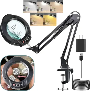 15X&10X Magnifying Glass with Light and Clamp, Real Glass Magnifier with Light Hands Free, 5 Color Modes LED for Close Work Craft Hobby Reading Painting Sewing