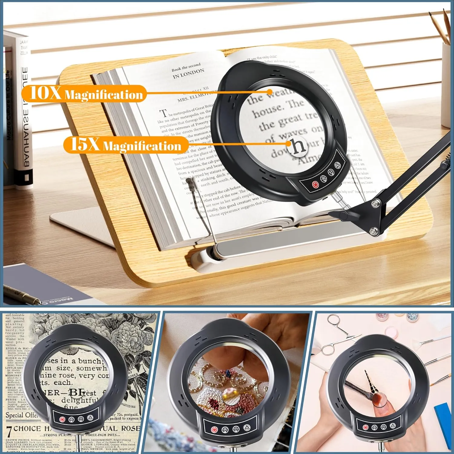 15X&10X Magnifying Glass with Light and Clamp, Real Glass Magnifier with Light Hands Free, 5 Color Modes LED for Close Work Craft Hobby Reading Painting Sewing