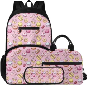 16.9 Inch Backpack Set with Lunch Bag & Pencil Case 3pcs, Lightweight Book Backpack, Tote Bag with Shoulder Strap, Ideal for Students & Outdoor Activities, Burger Donuts Dessert Print