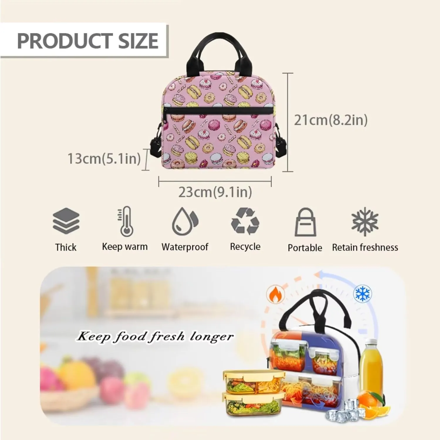 16.9 Inch Backpack Set with Lunch Bag & Pencil Case 3pcs, Lightweight Book Backpack, Tote Bag with Shoulder Strap, Ideal for Students & Outdoor Activities, Burger Donuts Dessert Print