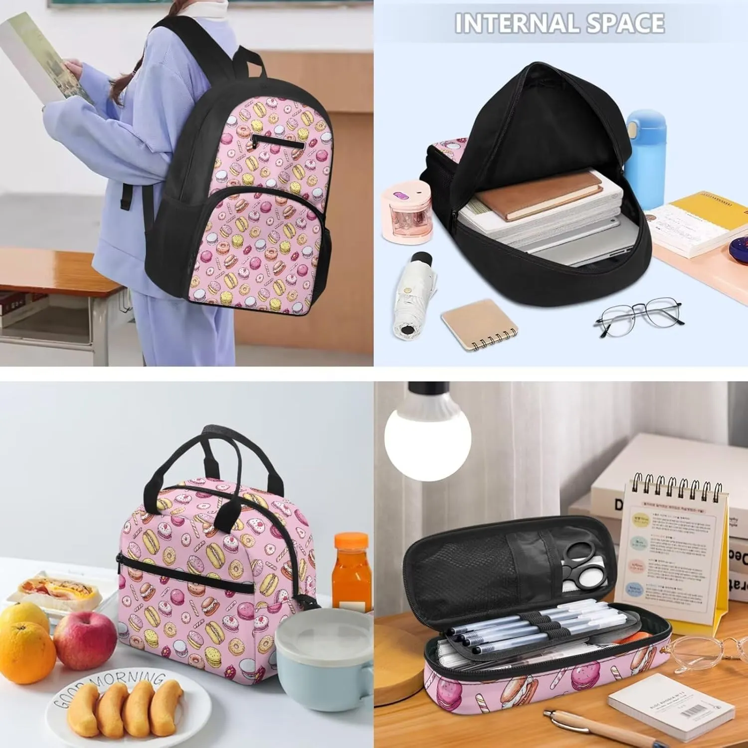 16.9 Inch Backpack Set with Lunch Bag & Pencil Case 3pcs, Lightweight Book Backpack, Tote Bag with Shoulder Strap, Ideal for Students & Outdoor Activities, Burger Donuts Dessert Print