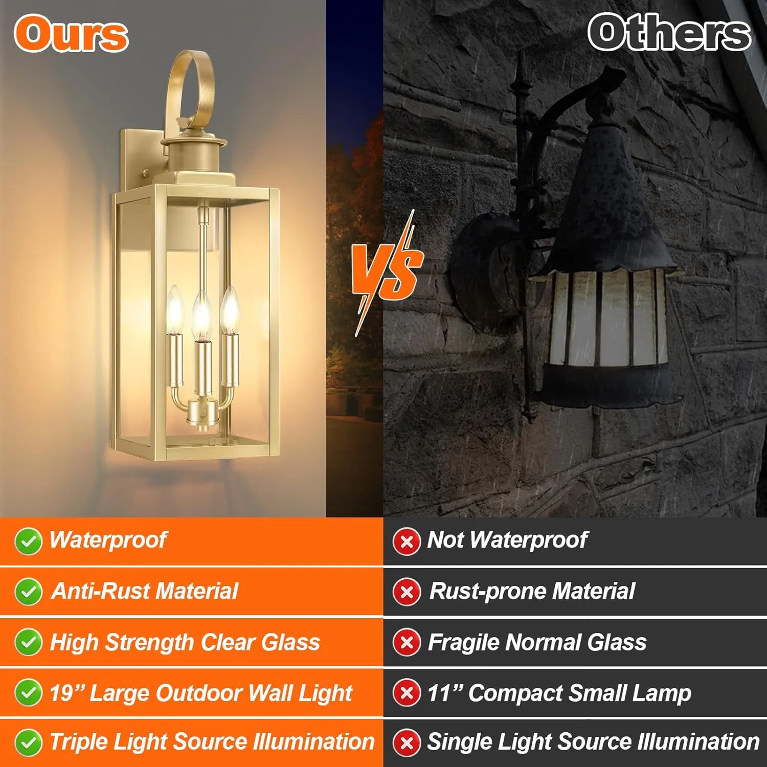 19'' Large Outdoor Wall Lantern, Gold Waterproof Outside Wall Sconce Lights for House, Anti-Rust Exterior Lighting Fxitures with Clear Glass Shade for Front Porch, Garage, Patio, 1-Pack
