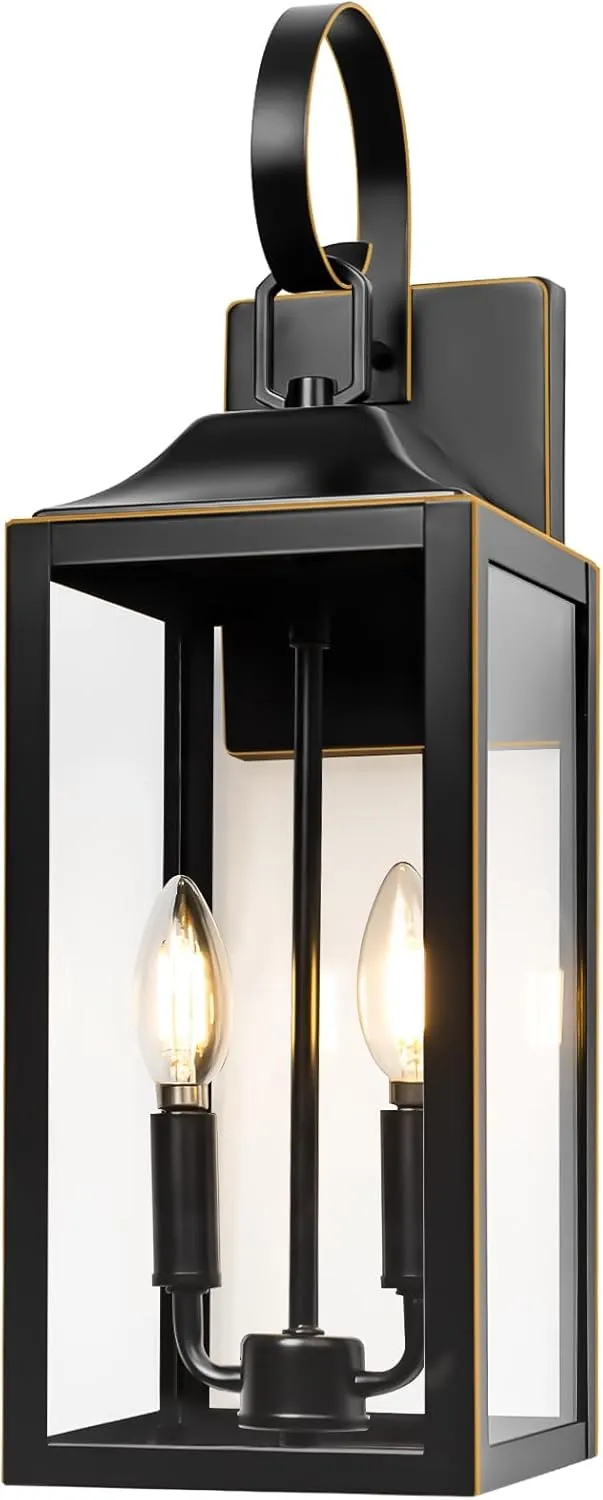 19" Large Outdoor Wall Light - Black Outside Wall Mounted Light Fixture with Gold Trim, Exterior Farmhouse Wall Sconce Lantern, Modern Porch Lighting Exterior Lamp for House 2-Light