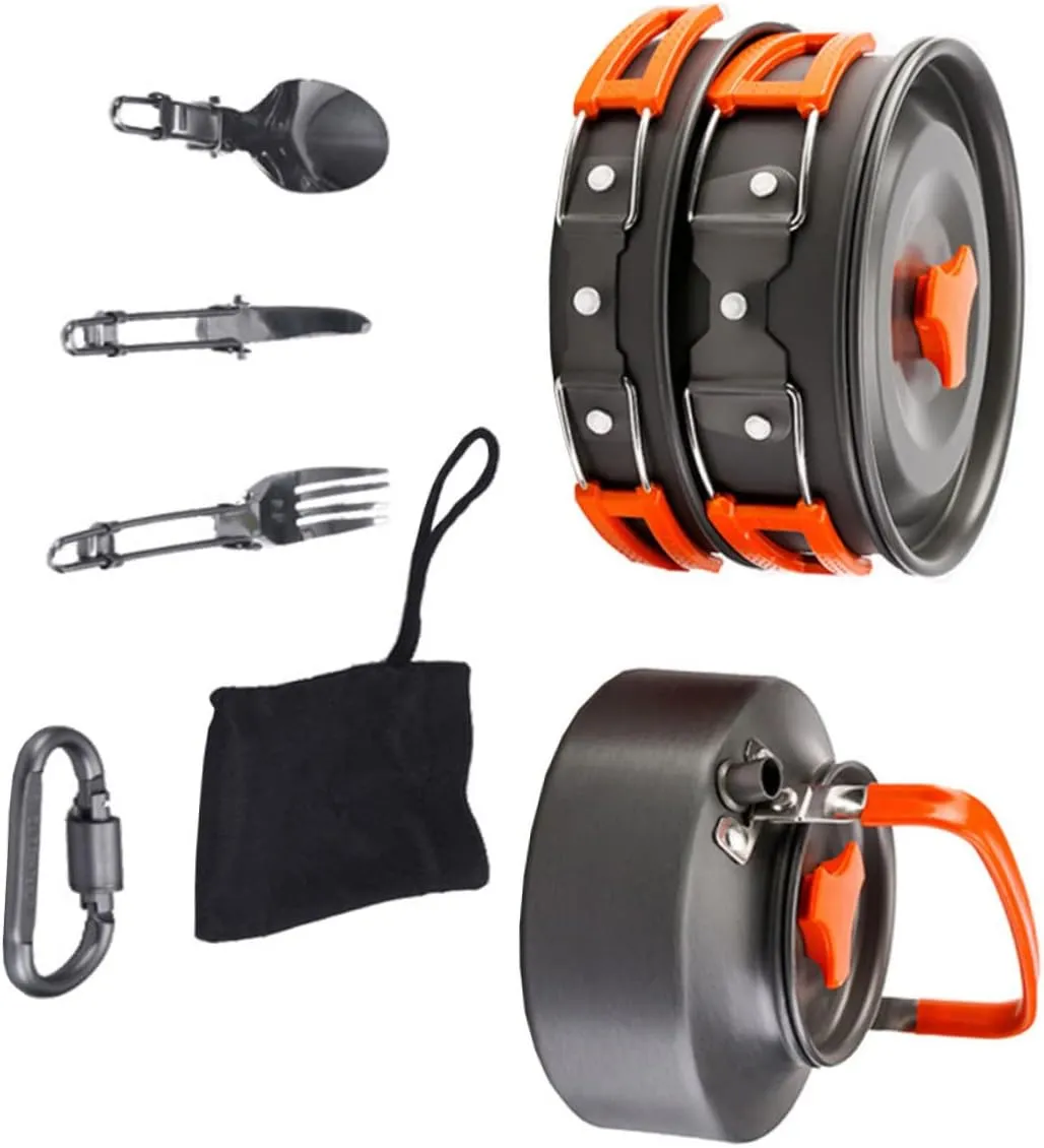 1Set Portable Camping Cookware Durable Cooking Pan Teapot for Outdoor BBQ Hiking Backpacking Orange Essential Camping Cooking Utensils for People