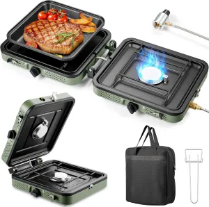 2 Burner Camping Stove, Foldable Camp Stove with Griddle, 16000 BTU, Piezo Ignition, Adjustable Burners, Carrying Handle, Compatible with Blend Isobutane Fuel, for Camping, BBQ, Outdoor Use