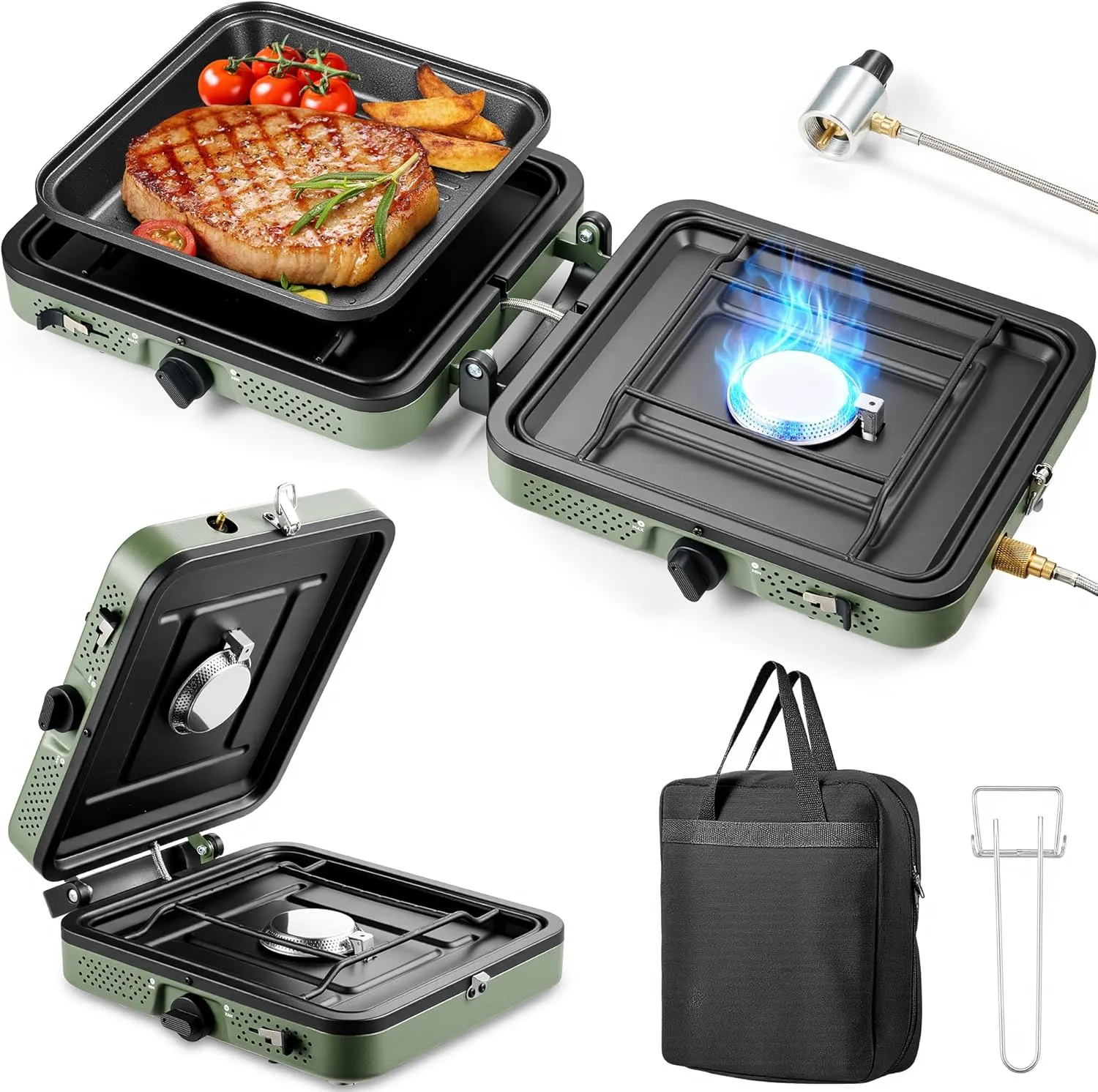 2 Burner Camping Stove, Foldable Camp Stove with Griddle, 16000 BTU, Piezo Ignition, Adjustable Burners, Carrying Handle, Compatible with Blend Isobutane Fuel, for Camping, BBQ, Outdoor Use