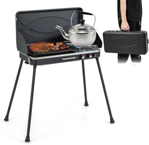 2-Burner Propane Camping Stove, Portable Camp Grill w/Roast Grill, 3-Sided Wind Screen, Removable Leg, Dual Control Knobs, Outdoor Stove for BBQ Picnic, 20000 BTU (Black)