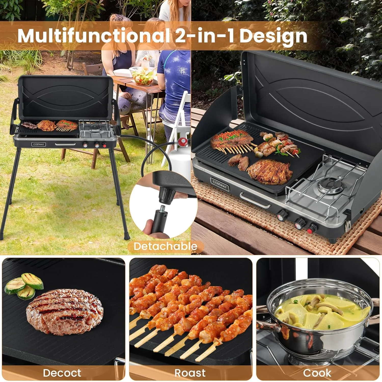 2-Burner Propane Camping Stove, Portable Camp Grill w/Roast Grill, 3-Sided Wind Screen, Removable Leg, Dual Control Knobs, Outdoor Stove for BBQ Picnic, 20000 BTU (Black)