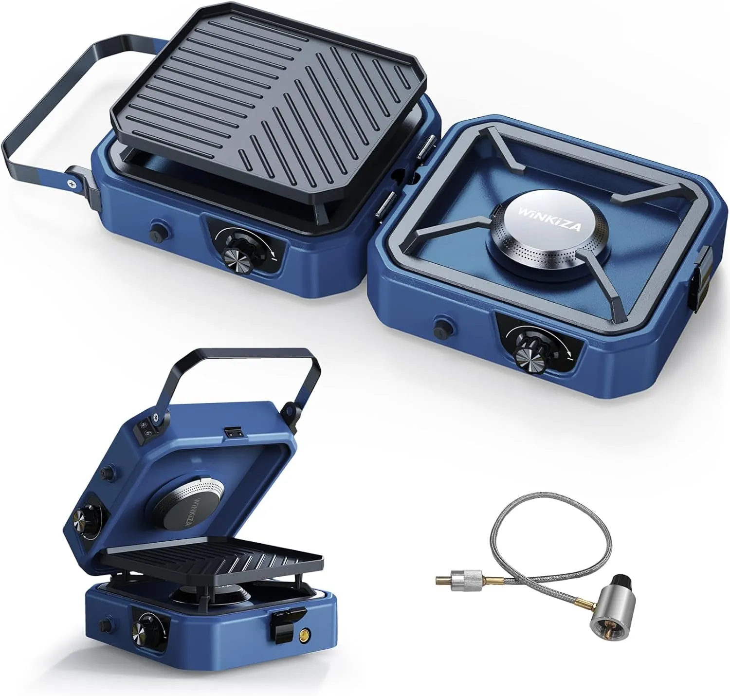 2 Burner Propane Camping Stove with Grill, Foldable Camp Stove with 16,000 BTU, Two Adjustable Burners with Piezo Ignition & Easy Carrying Handle, Portable Stove for Camping, BBQ, Emergency