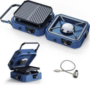2 Burner Propane Camping Stove with Grill, Foldable Camp Stove with 16,000 BTU, Two Adjustable Burners with Piezo Ignition & Easy Carrying Handle, Portable Stove for Camping, BBQ, Emergency