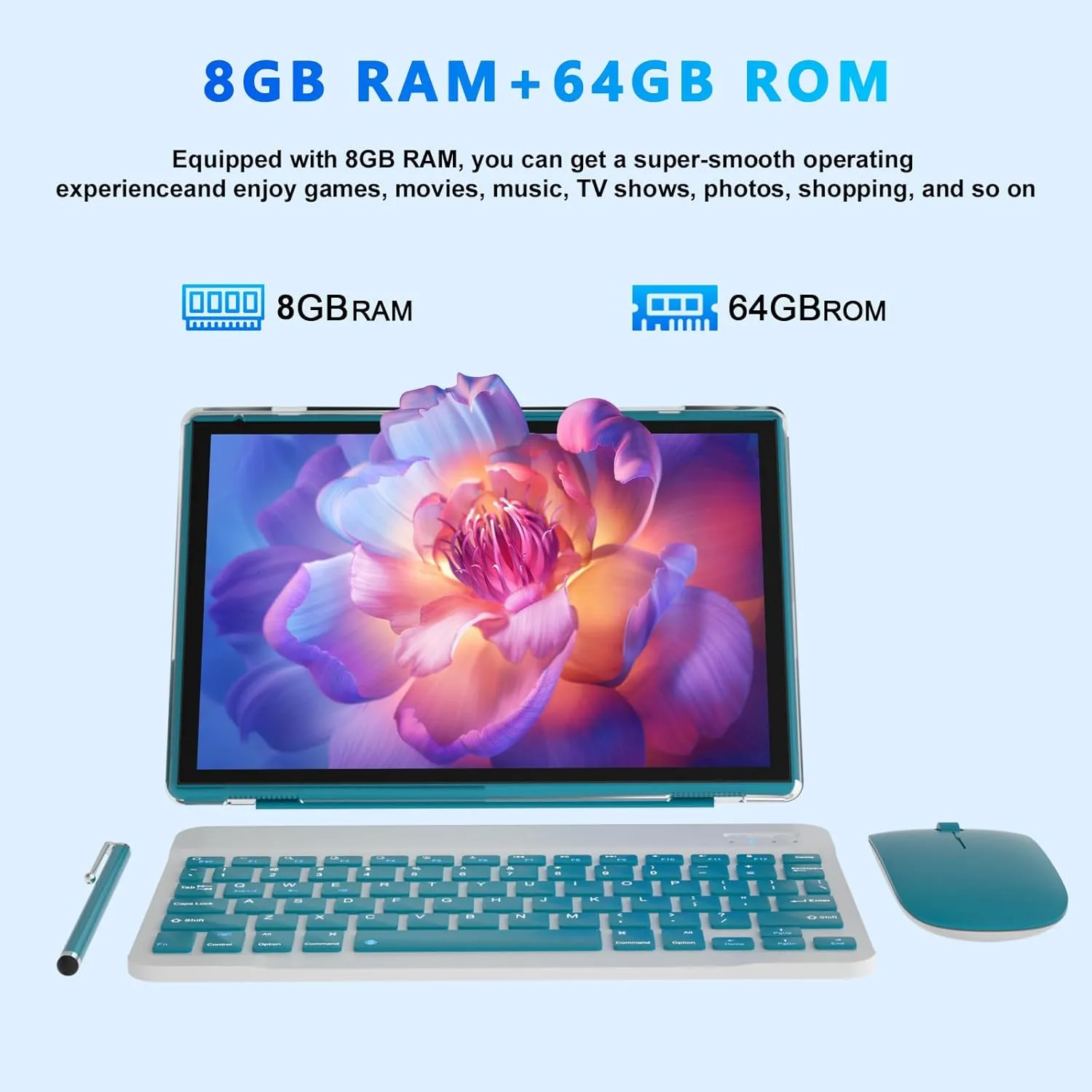 2 in 1 Tablet 10 Inch Android 14 OS Tableta, Tablets with Keyboard, Mouse, Case, Stylus, 64GB ROM 8GB RAM, 2MP 8MP Dual Camera, Quad Core Processor, 6000mAh Battery, 10.1 in FHD Tab Navy.