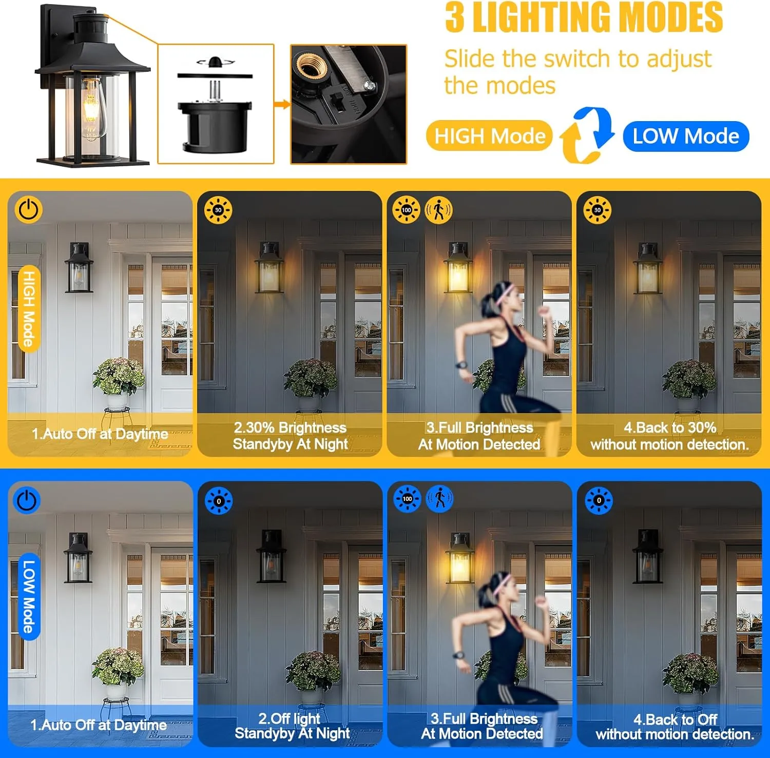2 Pack Motion Sensor Outdoor Lights Wall Mount, Dusk to Dawn Exterior Light Fixture.Anti-Rust Outdoor Lantern for Front Porch.Waterproof Black Outdoor Wall Sconce Lantern for Garage.
