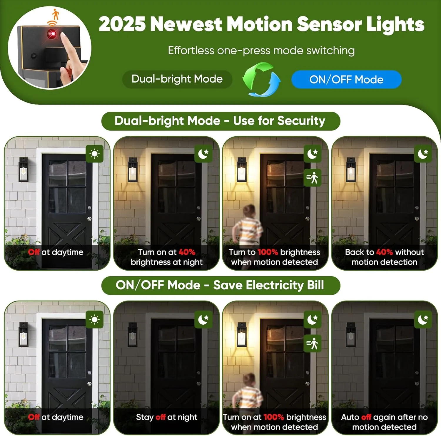 2-Pack Upgraded Motion Sensor Outdoor Wall Lights, Dusk to Dawn Porch Lights Outdoor Wall Sconce Lantern, 3 Lighting Modes Exterior Lighting Fixtures, Bronze Outside Lights for House Front Door Garage