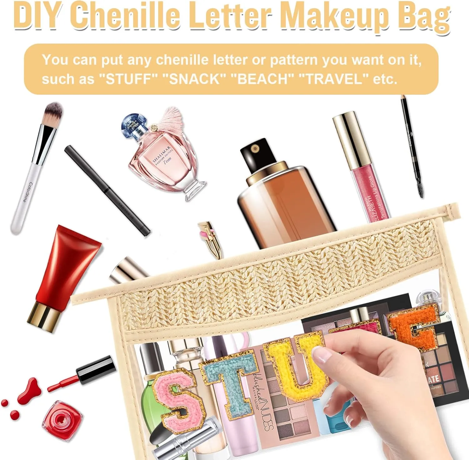 2 Pcs Boho Clear Makeup Bag Cosmetic Zipper Pouch Purse, Clear Toiletry Bags Travel Small Preppy Cute Chenille Letter Bag, Transparent Waterproof Clutch Make Up Organizer Storage Bag for Women Girls