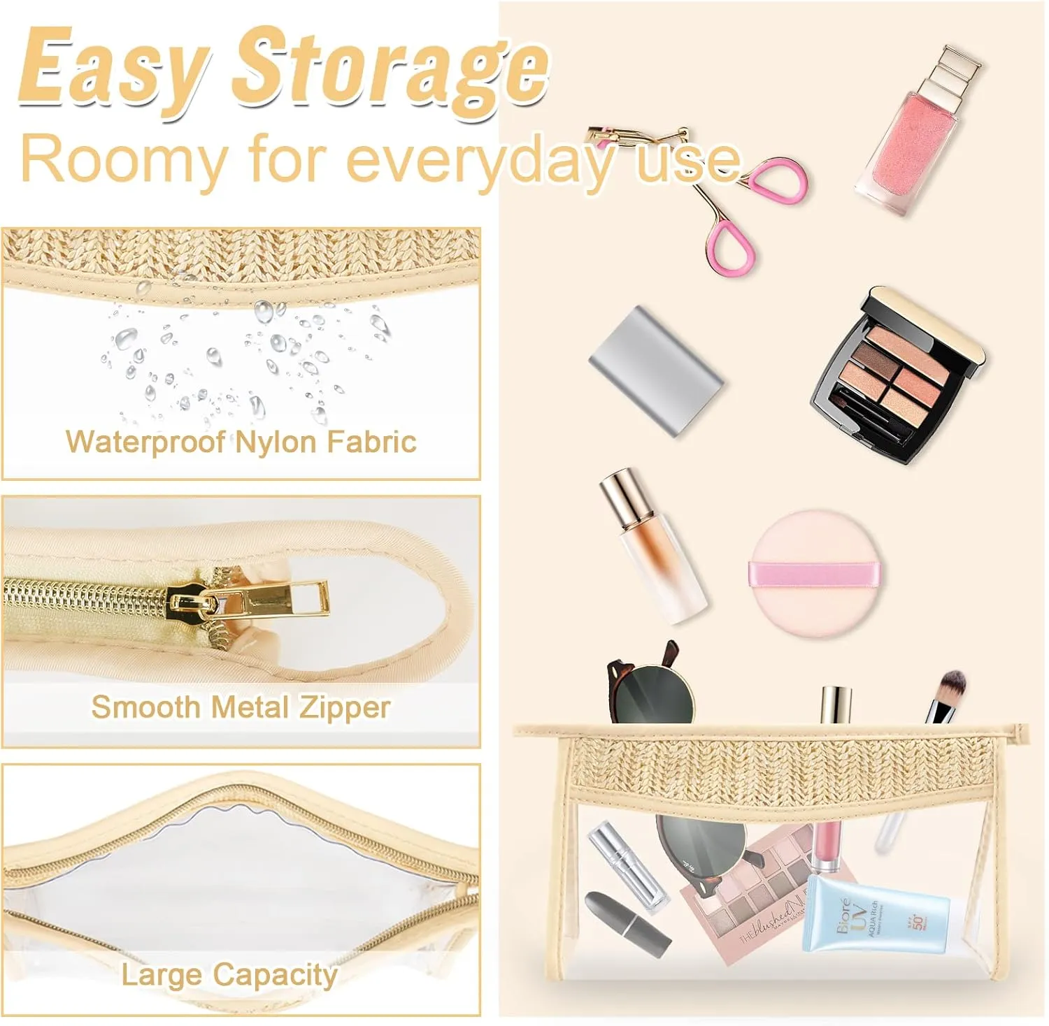 2 Pcs Boho Clear Makeup Bag Cosmetic Zipper Pouch Purse, Clear Toiletry Bags Travel Small Preppy Cute Chenille Letter Bag, Transparent Waterproof Clutch Make Up Organizer Storage Bag for Women Girls