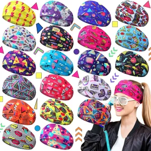 20 Pcs 80s 90s Neon Headbands for Women Retro Vintage Workout Headbands Fitness Accessories Non Slip Sports Sweatbands for Men Neon Elastic Hairband for Fitness Running Cycling Jogging Yoga Ski