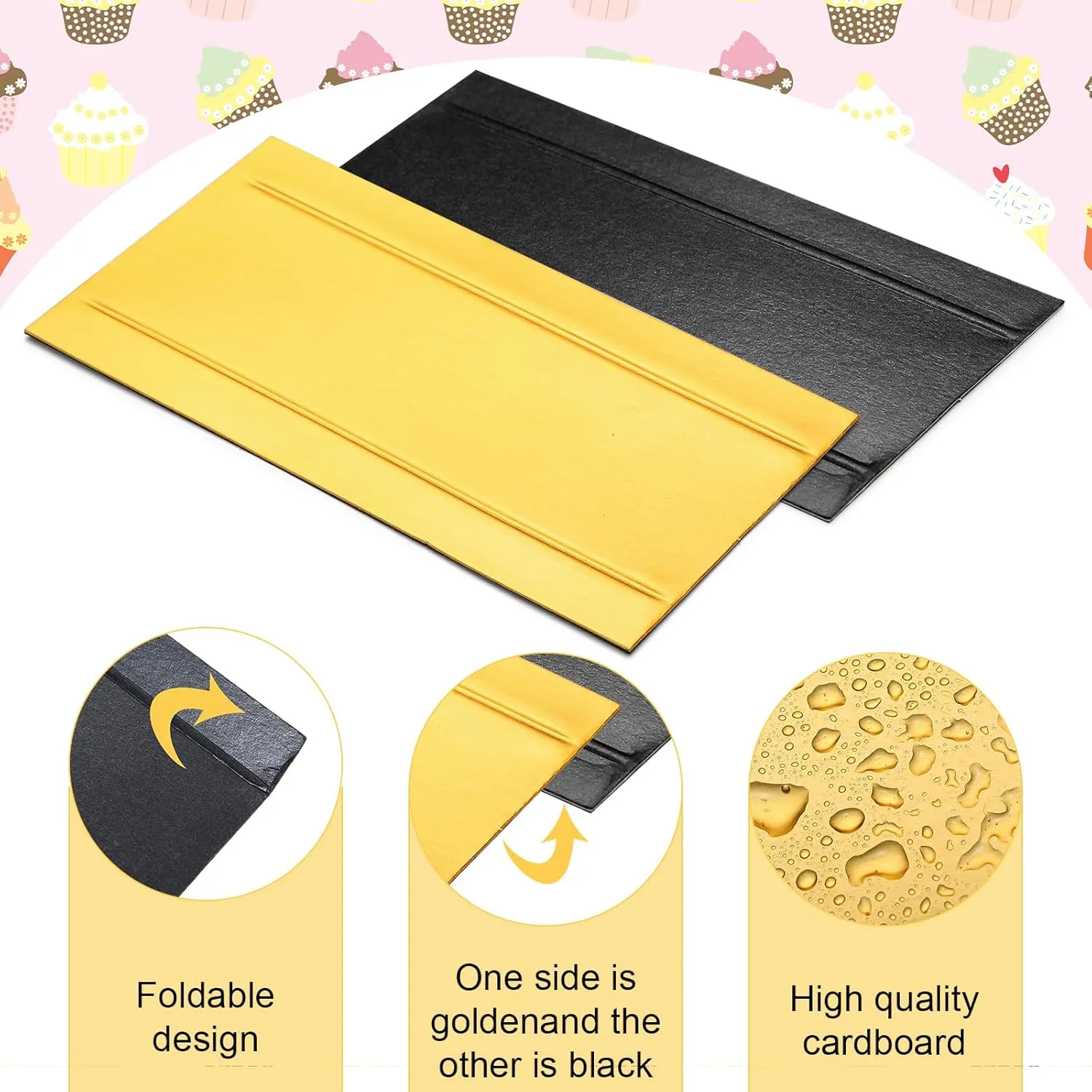 200 Pcs 200 Pcs Mini Rectangular Foldable Paper Cardboard Cake Board Plates Bulk Mini Mousse Cake Bases Cardboards for Dessert Pastry Display Trays (Gold,Black)