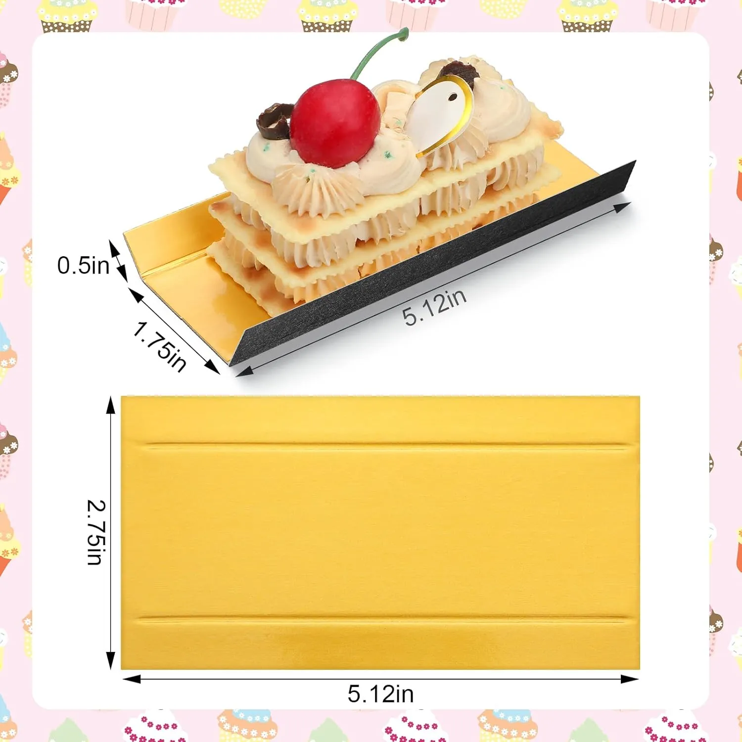 200 Pcs 200 Pcs Mini Rectangular Foldable Paper Cardboard Cake Board Plates Bulk Mini Mousse Cake Bases Cardboards for Dessert Pastry Display Trays (Gold,Black)