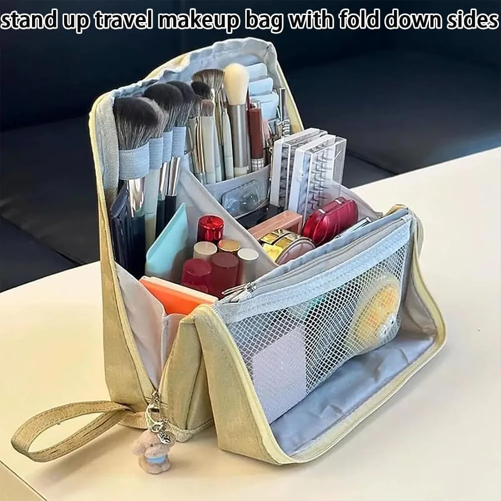 2025 Releveantoe Standing Makeup Bag – Portable, Large Capacity, Stand Up Makeup Bag, Multiple Compartments Keep Makeup And Tools Neatly Sorted (Beige-Oxford, Only Bag)