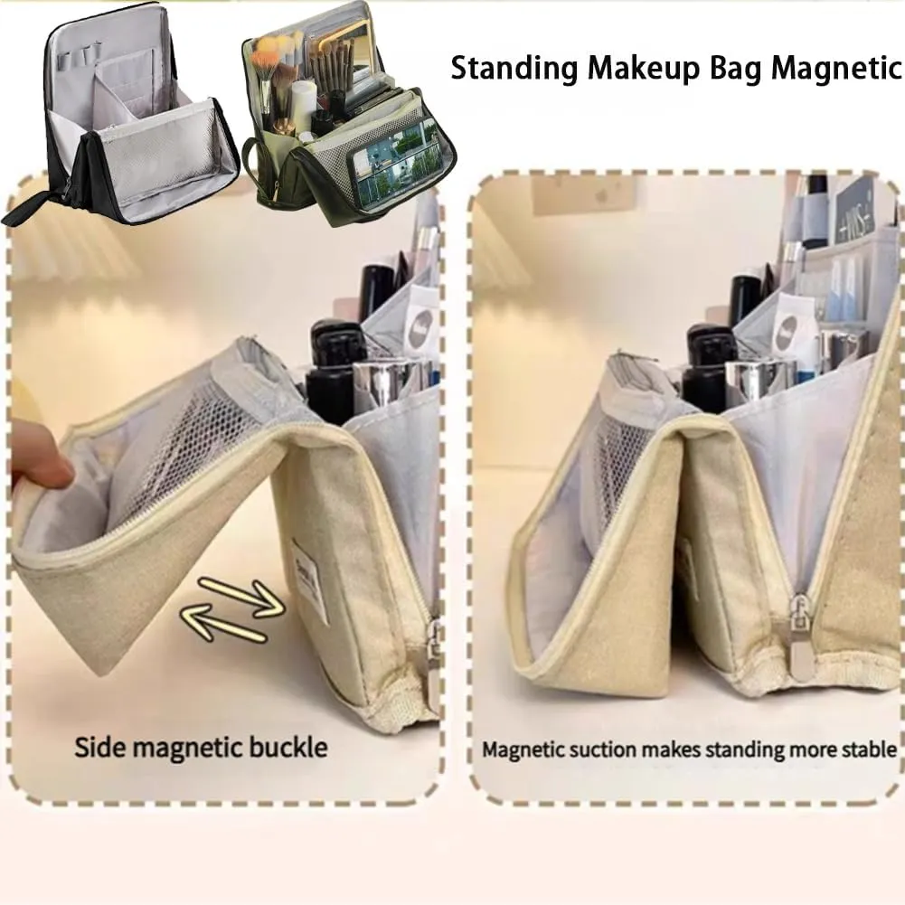 2025 Releveantoe Standing Makeup Bag – Portable, Large Capacity, Stand Up Makeup Bag, Multiple Compartments Keep Makeup And Tools Neatly Sorted (Beige-Oxford, Only Bag)