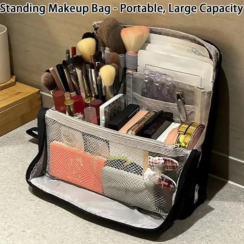 2025 Releveantoe Standing Makeup Bag – Portable, Large Capacity, Stand Up Makeup Bag, Multiple Compartments Keep Makeup And Tools Neatly Sorted (Beige-Oxford, Only Bag)