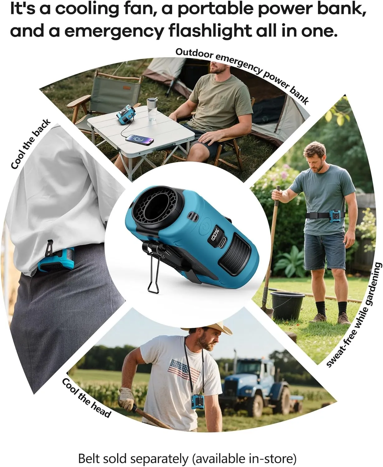 2025 Upgrade Portable Waist Fan Clip on 10000mAh Body Wearable Belt Clip Fan Undershirt Personal Cooling Neck Fans with 5 Speeds Flashlight&Power Bank 40H Cooling For Outdoor Camping Travel (Blue)