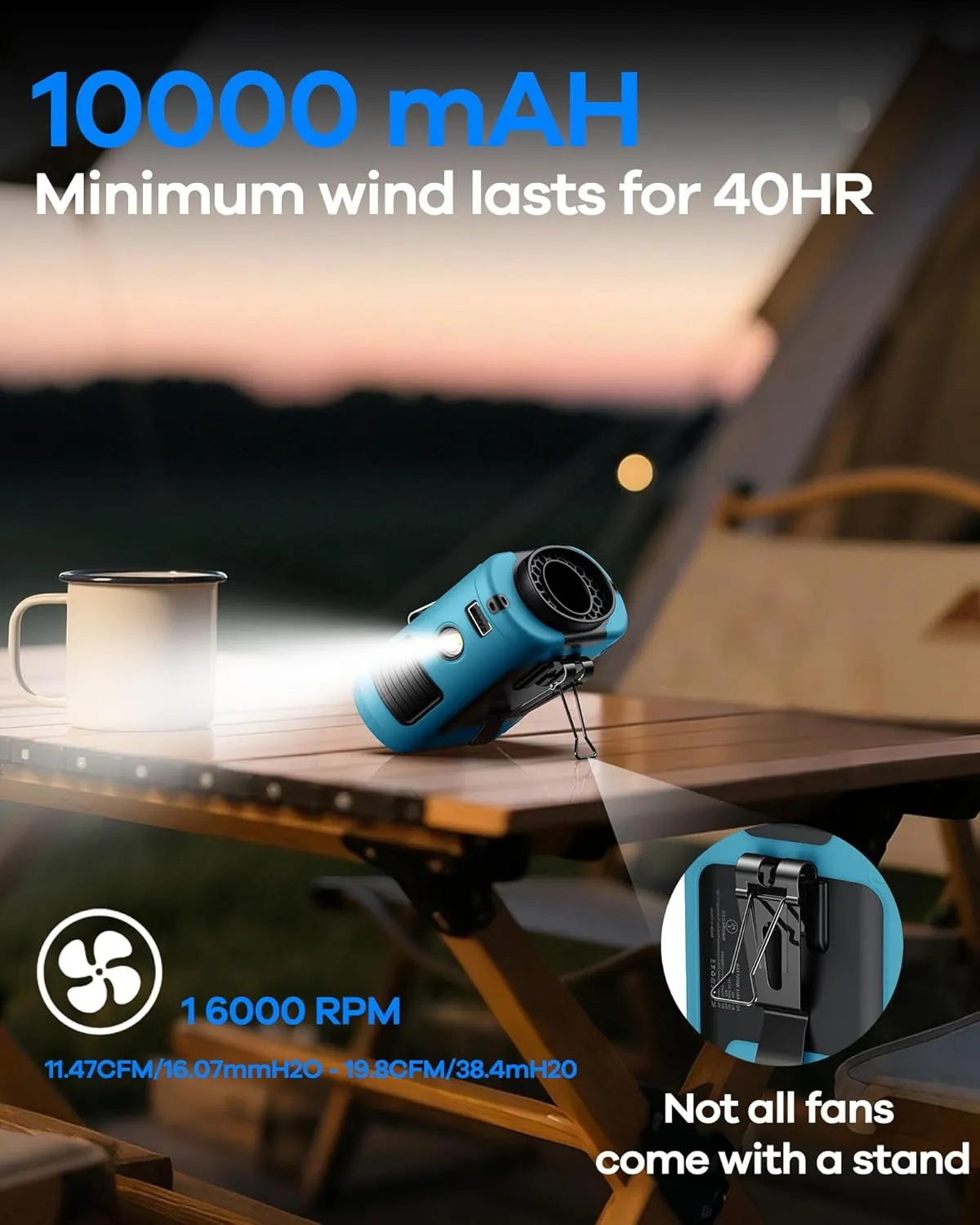 2025 Upgrade Portable Waist Fan Clip on 10000mAh Body Wearable Belt Clip Fan Undershirt Personal Cooling Neck Fans with 5 Speeds Flashlight&Power Bank 40H Cooling For Outdoor Camping Travel (Blue)