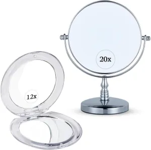 20x/1x Double Sided Magnifying Makeup Mirror for Desk and Countertop - Vanity Mirror with Stand & Small 12X/1X Dual Sided Magnifying Travel Makeup Mirror - Lightweight Portable Vanity Mirror Bundle
