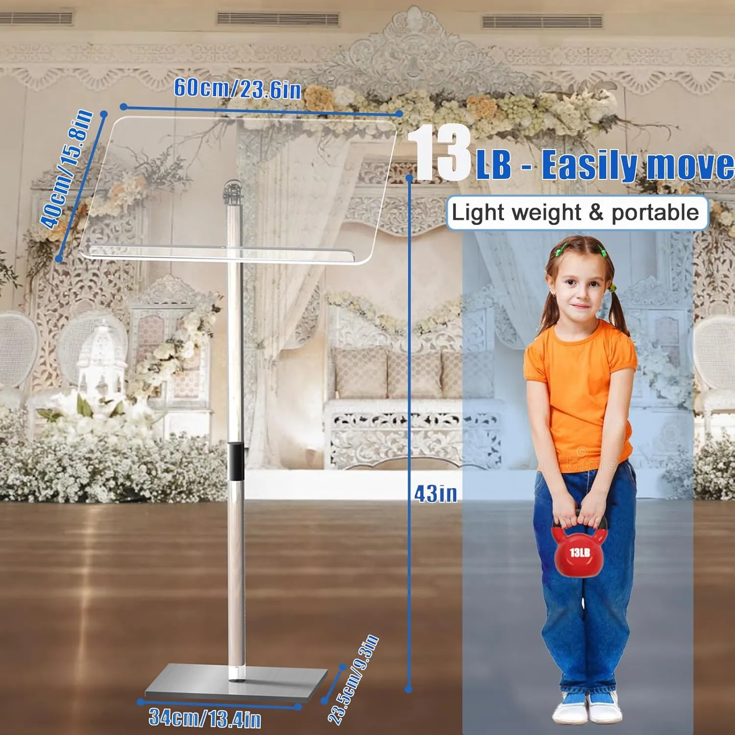 24' X 16' Clear Acrylic Podium Stand,Angle Adjustable Lectern Portable Podium Stand with Wide Large Curved Desktop,Multi-Function Pulpits for Churches,Classroom, Concert,Speech ,Weddings and Store