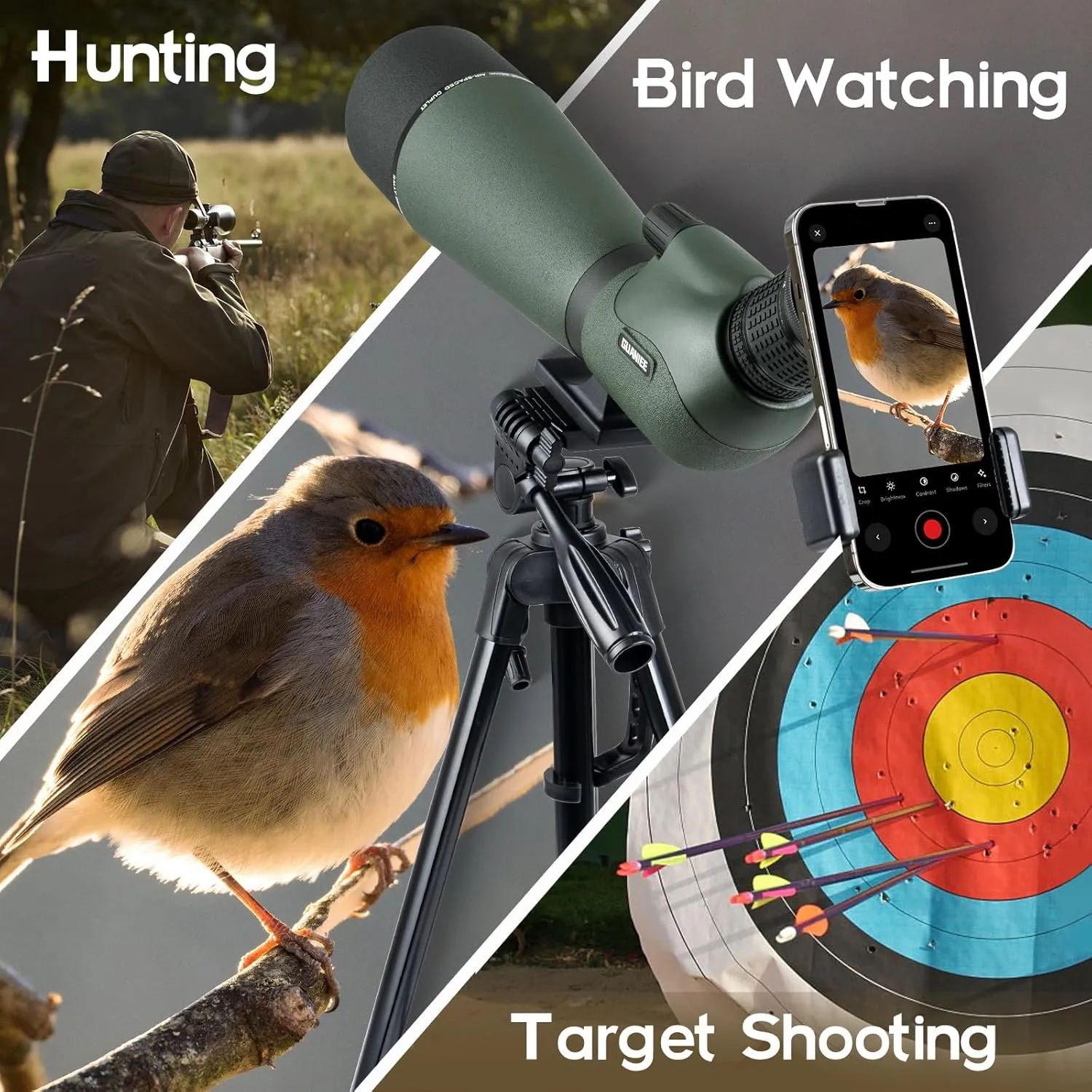 25-75x80 Spotting Scope with Upgraded Tripod Carrying Bag and Phone Adapter Spotter Scope for Target Shooting for Bird Watching Wildlife Viewing Green