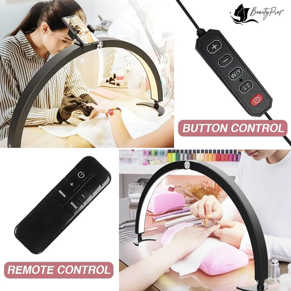 29IN Half Moon Nail Desk Light with Phone Holder – 40W Nail Tech Lamp, Cool/Warm Lighting, Adjustable Brightness, Remote & Wired Control – Perfect for Beauty, Eyelashes, and Crafts (Black)