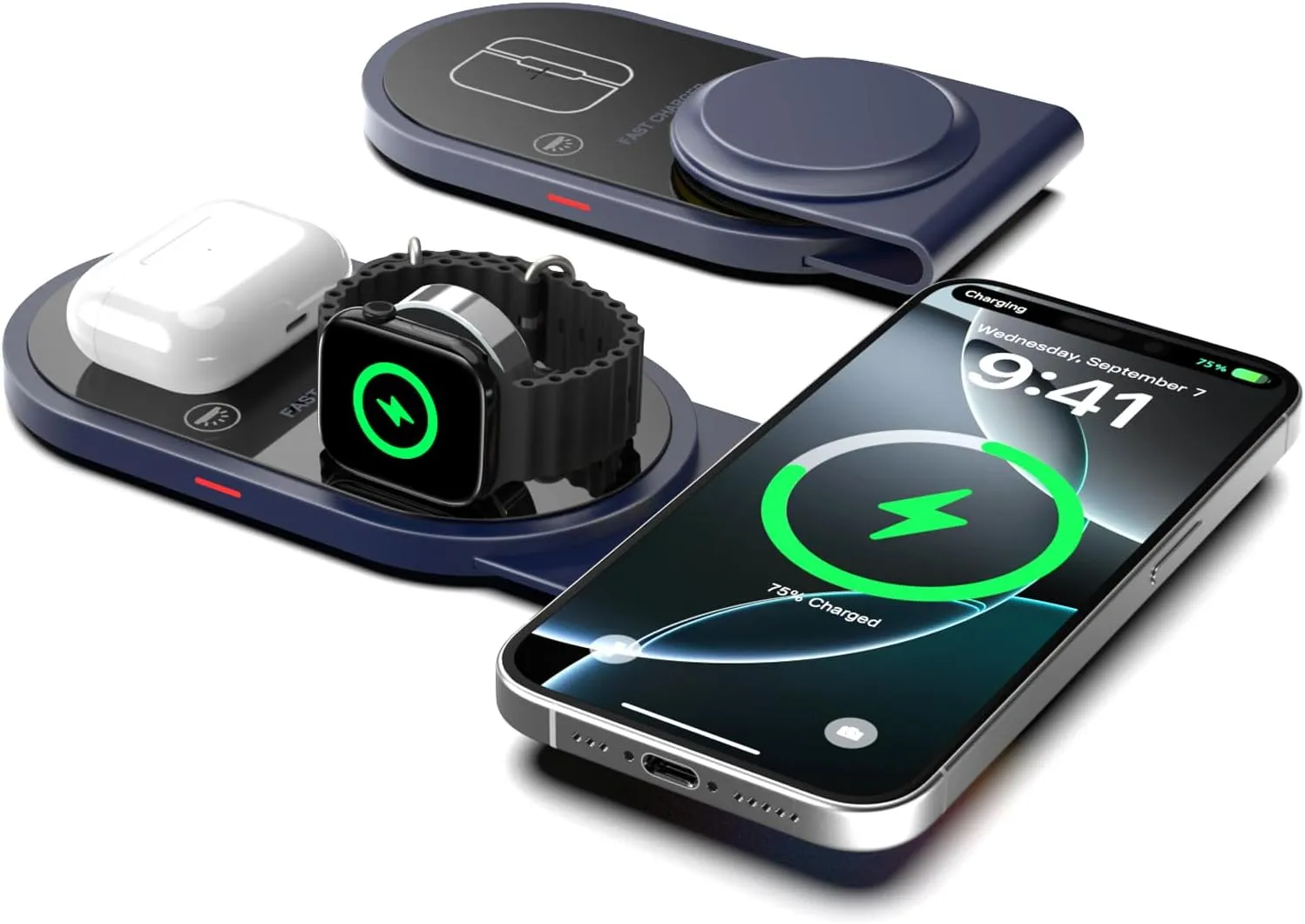 3 in 1 Foldable Charging Station for Apple Multiple Devices, Fast Wireless Charger Travel Stand-Magnetic Charging Pad Compatible with iPhone 16/15/14/13/12,for Apple Watch Series & Airpods 4 3 2 Pro