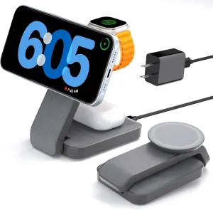3 in 1 Foldable Wireless Charging Station for MagSafe, Travel Magnetic Charger Stand for iPhone 16 15 14 13 Pro Max, Nightstand Charging Dock with Night Light for Apple Watch/AirPods (Gray)