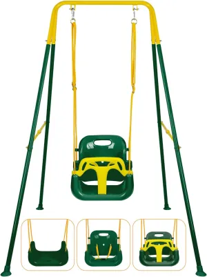 3-in-1 Toddler Swing Set, Foldable Baby Swing with Stand, Indoor & Outdoor Kids Swings Sets, Multifunctional Swings for Home Backyard, Easy to Install and Store (Dark Green)